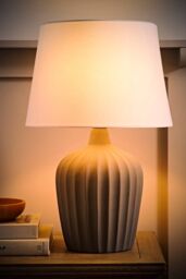 ValueLights Serena Natural Tapered Linen Lamp Shade Ribbed Ceramic Stonewear Table Lamp in Grey - thumbnail 2