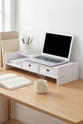 Living and Home White Monitor Stand Riser with 2 Drawers - thumbnail 1