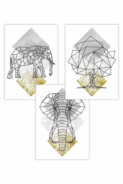 ARTZE Set of 3 Geometric Line Art Yellow Elephant Art Posters - Size: W42 cm x H59 cm - image 1