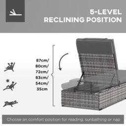 OUTSUNNY Rattan Lounger w/ Cushion, 5-Level Reclining Rattan Sun Lounger in Grey - thumbnail 4