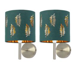 First Choice Lighting Set of 2 Brea - Antique Brass Wall Lights with Dark Green Fern Shades in Gold