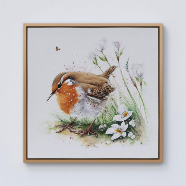 "Warren Reed - Designer Robin & Daisies Watercolour Framed Canvas in Light Brown - Size: W16"" x H16""" - image 1