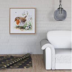 "Warren Reed - Designer Robin & Daisies Watercolour Framed Canvas in Light Brown - Size: W16"" x H16""" - thumbnail 2