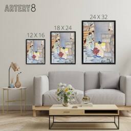 "Artery8 Women Tea Gathering at Teahouse Framed Canvas Wall Art Print Ogata Gekko in Blue - Size: W12"" x H16""" - thumbnail 4