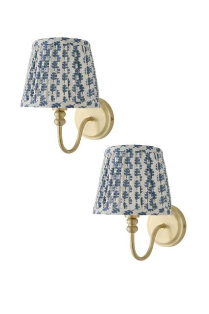 ValueLights Binky Pair of Rechargeable Gold Wall Lights with Floral Pleated Shades in Mid Blue - image 1