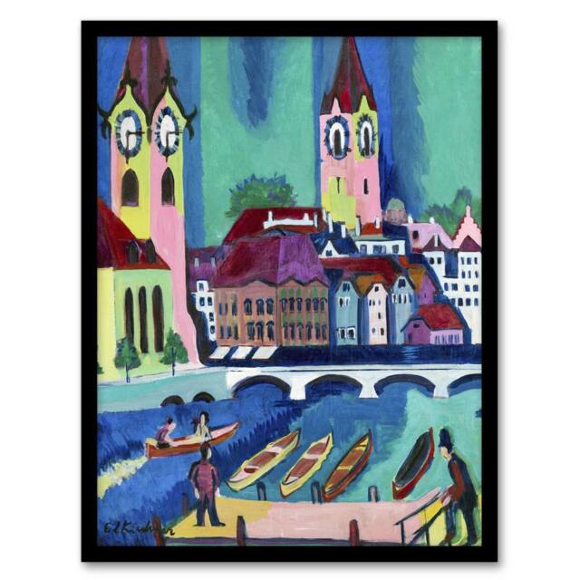 Artery8 Zurich Colourful Cityscape Kirchner Framed Wall Art Print - Size: A3 - image 1