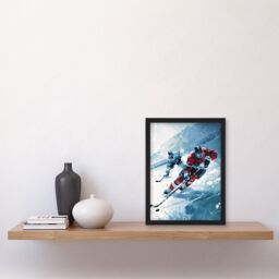 Artery8 Ice Hockey Players in Game Oil Painting Winter Framed Art Print in Blue - Size: A4 - thumbnail 4