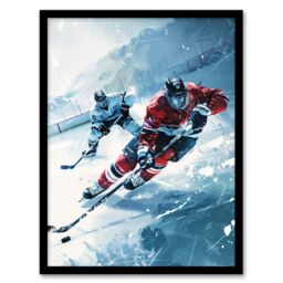 Artery8 Ice Hockey Players in Game Oil Painting Winter Framed Art Print in Blue - Size: A4 - thumbnail 1