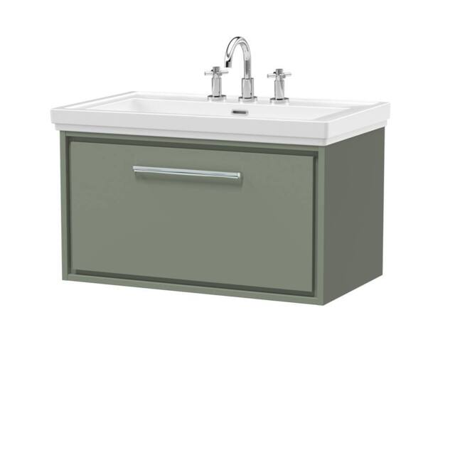 Balterley Bathroom Wall Hung Single Drawer Vanity, Fireclay Basin, Green, 800mm in Green - image 1