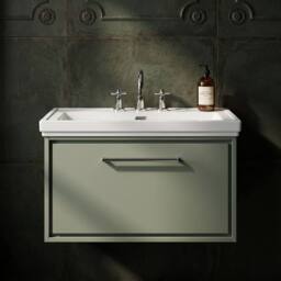 Balterley Bathroom Wall Hung Single Drawer Vanity, Fireclay Basin, Green, 800mm in Green - thumbnail 3