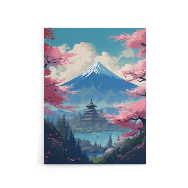 "Artery8 Japanese Temple in Mount Fuji Lake Landscape Canvas Wall Art Print in Pink - Size: W18"" x H24""" - image 1