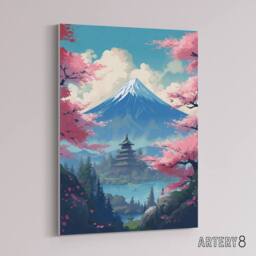 "Artery8 Japanese Temple in Mount Fuji Lake Landscape Canvas Wall Art Print in Pink - Size: W18"" x H24""" - thumbnail 2