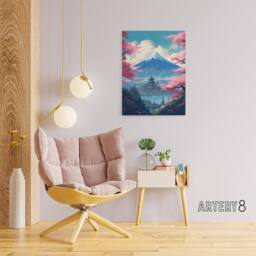 "Artery8 Japanese Temple in Mount Fuji Lake Landscape Canvas Wall Art Print in Pink - Size: W18"" x H24""" - thumbnail 3