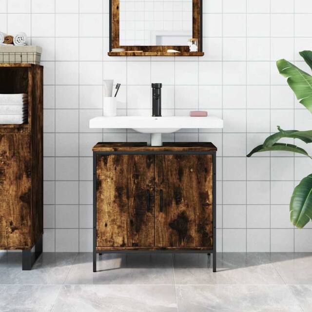 Berkfield Home Sturdy Bathroom Sink Cabinet Smoked Oak 60x30x60 cm Engineered Wood in Brown - Size: 60 x 30 x 60 cm - image 1