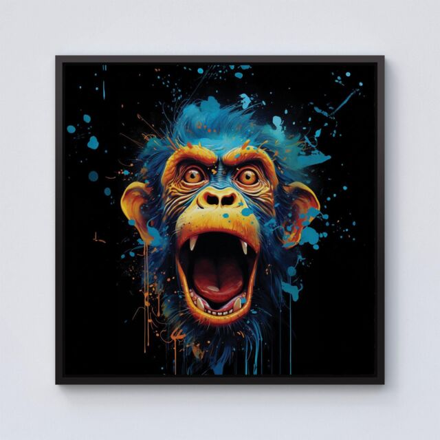 "Warren Reed - Designer Crazy Monkey face Splashart Framed Canvas in Black - Size: W30"" x H30""" - image 1