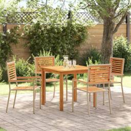 Berkfield Home Stunning 5 Piece Garden Dining Set Beige Poly Rattan Acacia - thumbnail 2