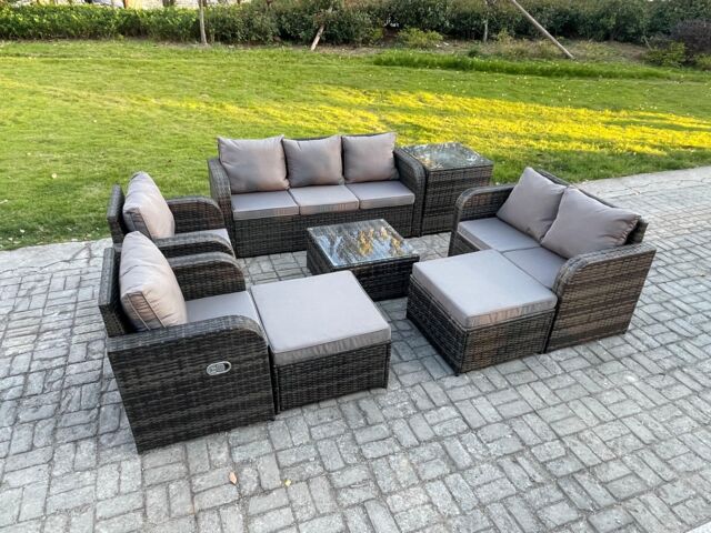 Fimous Rattan Garden Furniture 8 Piece Patio Set Table Sofa Chairs With 2 Big Footstool Side Table in Dark Grey - image 1