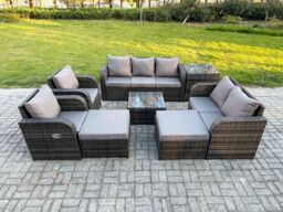 Fimous Rattan Garden Furniture 8 Piece Patio Set Table Sofa Chairs With 2 Big Footstool Side Table in Dark Grey - thumbnail 2
