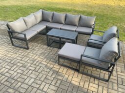 Fimous Aluminum 11 Seater Outdoor Lounge Corner Sofa Set Garden Furniture Sets with Oblong Coffee Table 2 Chairs 3 Footstools Dark Grey - thumbnail 1