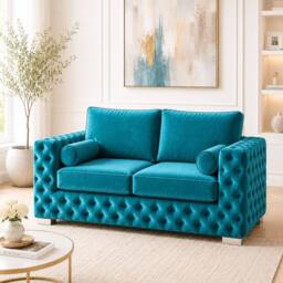Stratus Interiors Ashley Tufted Chesterfield Fabric Full Back Living Room Sofa-2 Seater in Teal