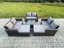 Fimous 8 Seater Outdoor Rattan Garden Furniture Set Conservatory Patio Sofa Coffee Table Set with 2 Big Footstool Dark Grey Mixed - thumbnail 1