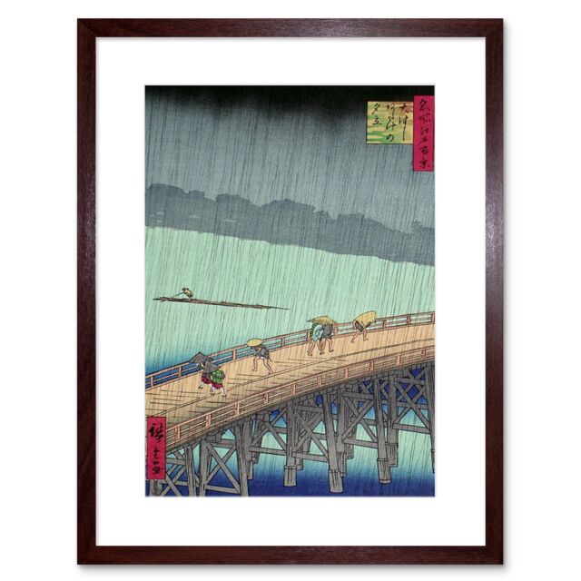"Artery8 Wall Art Print Utagawa Hiroshige Shower Shin Ohashi Bridge Artwork Framed 9X7 Inch in Brown - Size: W7"" x H9""" - image 1