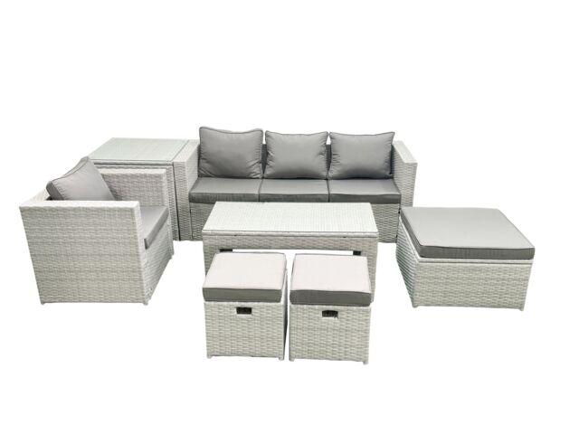 Fimous Rattan Garden Furniture Set Outdoor Lounger Sofa with Coffee Table 3 Footstools Side Table Light Grey Mixed - image 1