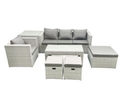 Fimous Rattan Garden Furniture Set Outdoor Lounger Sofa with Coffee Table 3 Footstools Side Table Light Grey Mixed - thumbnail 1