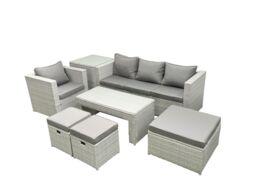 Fimous Rattan Garden Furniture Set Outdoor Lounger Sofa with Coffee Table 3 Footstools Side Table Light Grey Mixed - thumbnail 2