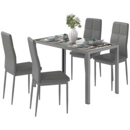 HOMCOM 5 Piece Kitchen Dining Set Glass Top Table 4 PU Leather Chairs Dinette in Grey - thumbnail 2