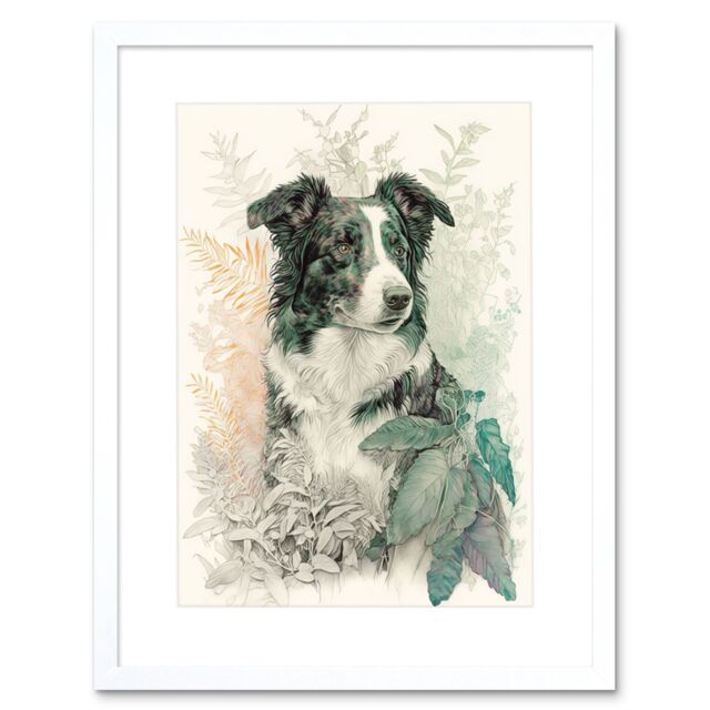 "Artery8 Wall Art Print Border Collie Dog in Field Modern Colour Pencil Portrait Artwork Framed 9X7 Inch in White - Size: W7"" x H9""" - image 1