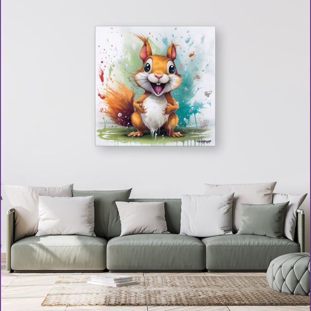 Warren Reed - Designer Happy Splashart Squirrel Canvas - Size: w40 inch x h40 inch - image 1