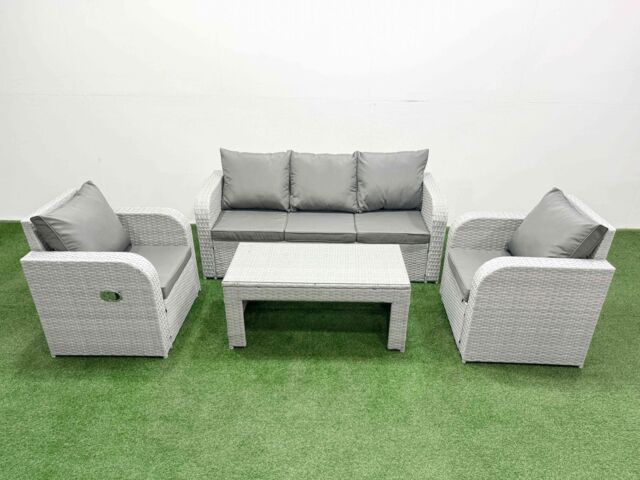 Fimous PE Rattan Garden Furniture Set Reclining Chair Sofa Lounge Sofa Set Rectangular Coffee Table Light Grey - image 1
