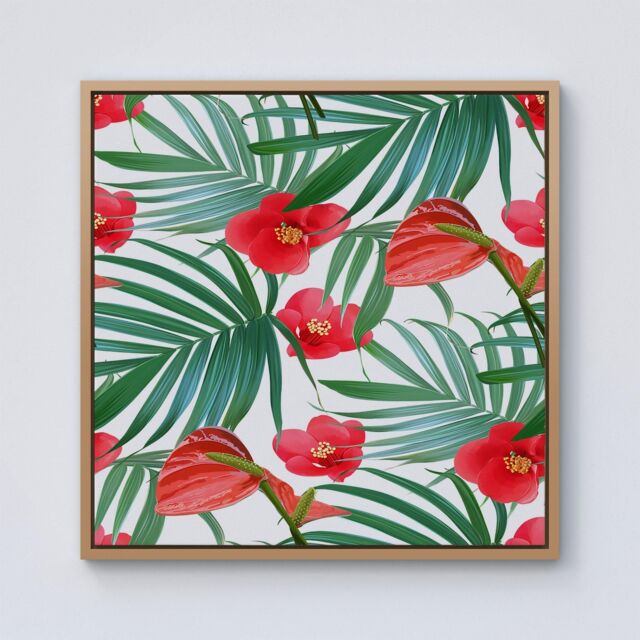 "Warren Reed - Designer Tropical Flowers & Palm Leaves Hawaiian Framed Canvas in Light Brown - Size: W16"" x H16""" - image 1
