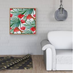 "Warren Reed - Designer Tropical Flowers & Palm Leaves Hawaiian Framed Canvas in Light Brown - Size: W16"" x H16""" - thumbnail 2