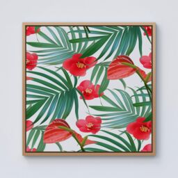 "Warren Reed - Designer Tropical Flowers & Palm Leaves Hawaiian Framed Canvas in Light Brown - Size: W16"" x H16""" - thumbnail 1