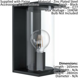 Loops IP54 Outdoor Wall Light Black Round Glass Lantern 1x 40W E27 Bulb Porch Lamp - thumbnail 2