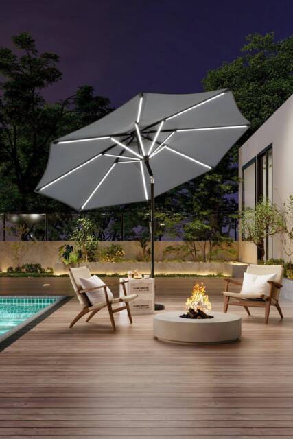 Garden Sanctuary 3m Solar Powered LED Outdoor Patio Umbrella in Light Grey - image 1