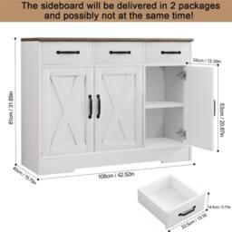 Kelvenix Sideboard Kitchen Cabinet with 3 Drawers in White - Size: 0.6m2 - thumbnail 2