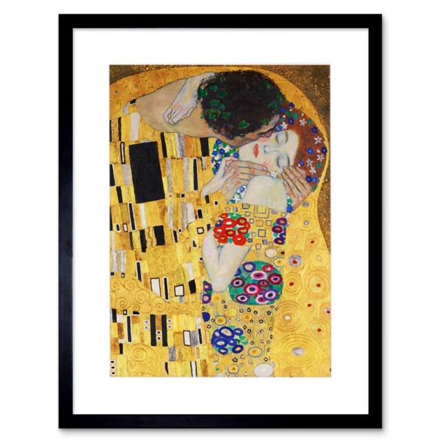"Wee Blue Coo Gustav Klimt The Kiss Artwork Living Room 12x16"" Framed Wall Art Print in Yellow - Size: W12"" x H16""" - image 1