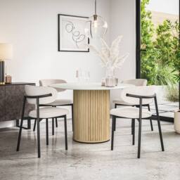 More4Homes Arlo White Marble Table Top W Oak Legs + Myla Linen Dining Chair Set Of 4 in Beige