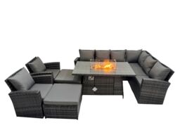 Fimous Rattan Corner Sofa Chair Set Gas Fire Pit Table with 2 Big Footstools in Dark Grey - thumbnail 1