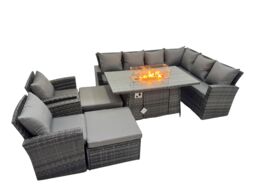 Fimous Rattan Corner Sofa Chair Set Gas Fire Pit Table with 2 Big Footstools in Dark Grey - thumbnail 2