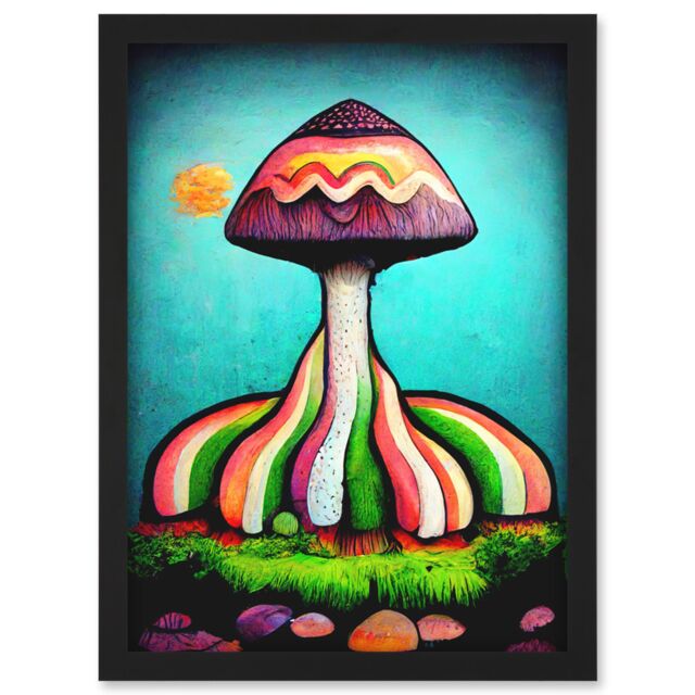Artery8 Colourful Psychedelic Cartoon Mushroom Painting Artwork Framed Wall Art Print A4 in Black - image 1