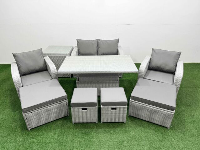 Fimous 9 PCs Rising Dining Table Set Reclining Chair Inclining Love Sofa Seat in Light Grey - image 1