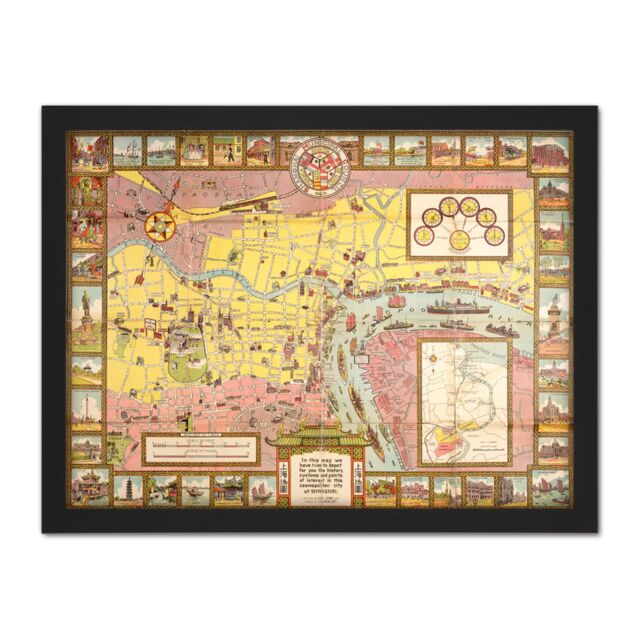 "Artery8 Wall Art Print Crow 1935 Pictorial Map Shanghai City China Large Framed Wall Décor Art in White - Size: W18"" x H24""" - image 1