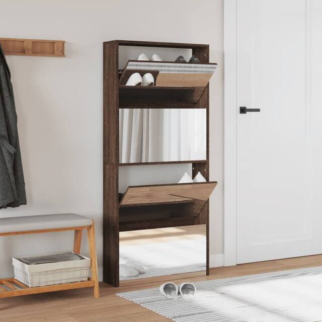Berkfield Home Shoe Cabinet with Mirror 4-Layer Brown Oak 63x17x134 cm - Size: 63 x 17 x 134 cm - image 1