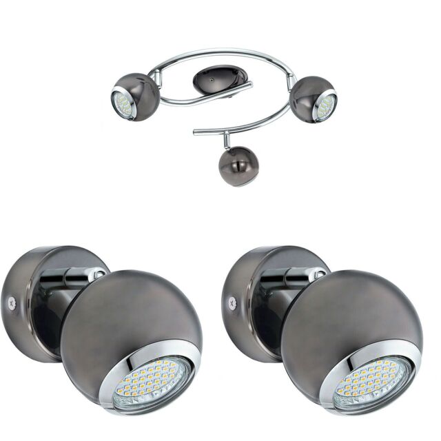 Loops Ceiling Spot Light & 2x Matching Wall Lights Black Nickel Round Adjustable Lamp in Metallics - image 1
