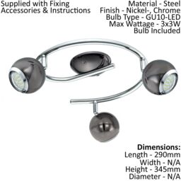 Loops Ceiling Spot Light & 2x Matching Wall Lights Black Nickel Round Adjustable Lamp in Metallics - thumbnail 2