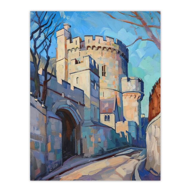 "Artery8 Windsor Castle UK Royal King Charles Oil Painting Wall Art Print in Blue - Size: W24"" x H32""" - image 1